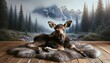 Moose Lying on a Fur Rug in a Room with Forest Wallpaper