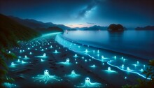 Enchanting Bioluminescent Plankton Illuminating A Serene Beach At Night