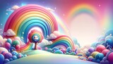 Fototapeta  - Whimsical Landscape with Rainbow Arches and Smiling Tree