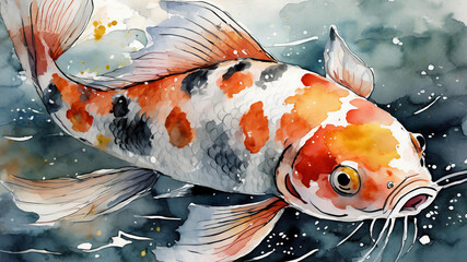 Wall Mural - Koi carp with watercolor paints in Japanese style swimming gracefully in the water