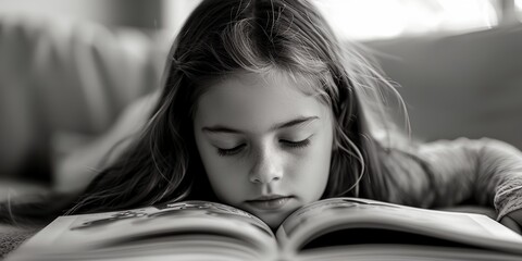 A young girl is reading a book while laying on a couch