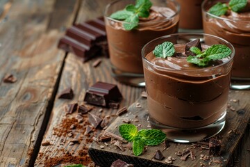 Sticker - Chocolate mint mousse in individual servings on wood background