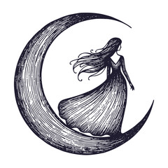 woman on a moon crescent sketch