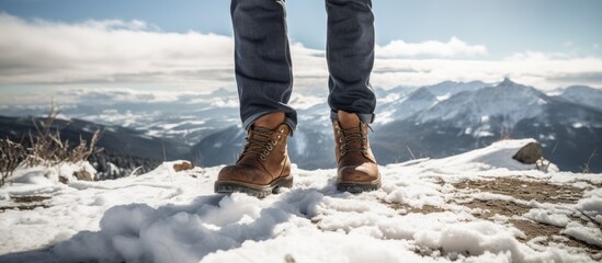 Sticker - Lone individual standing on a snowy mountain peak, feeling the cold snow beneath their feet, surrounded by a vast white landscape