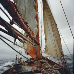 Canvas Print - A sailboat is sailing in the ocean with a cloudy sky in the background