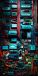 blue red and green wall of wires and technical and electronic devices texture
