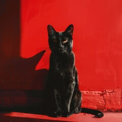 Poster - A black cat is sitting on a red wall