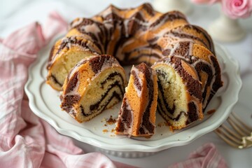 Sticker - Close up of marble bundt cake slice on white plate with pink napkin