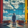 A man in a suit is standing inside a modern office, looking out of a large window at a scenic cloudy sky