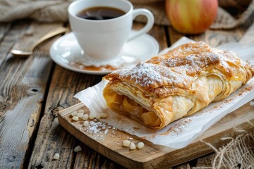 Canvas Print - Apple strudel and coffee on wood