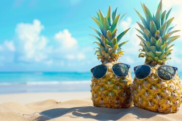 2 pineapples with sunglasses on the beach, blue sky and sea in background Generative AI