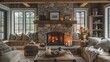 Rustic Elegance: Stone Fireplace and Vintage Trunk Coffee Table, generative ai