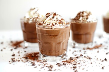 Canvas Print - Homemade vegan chocolate mousse with cream topping in glasses on white background Made with aquafaba