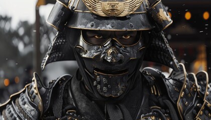 A man in a black and gold samurai costume with a mask on his face