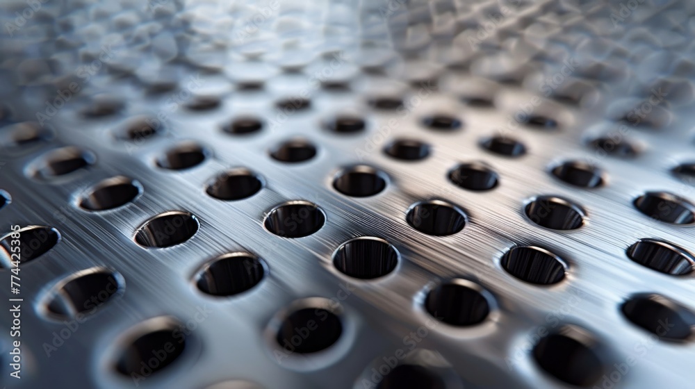 Macro shot of a metallic surface with circular perforations and brushed ...