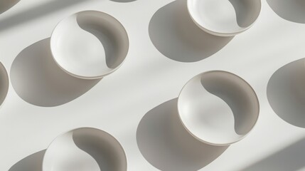 Modern white ceramic tableware design in sunlight. Shadow art on white surface with ceramic dishes. Artistic display of round white plates with contrasting shadows.