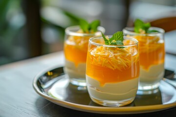 Canvas Print - Mango pudding with mango dip agar coconut milk jelly and mint leaf garnish