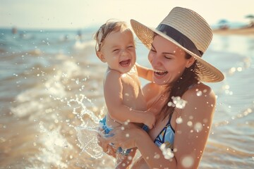 A happy baby boy wearing swimming trunks and sun hat is being held by his mother at the beach, he has just splashed in the water for the first time, with a joyful expression on his face