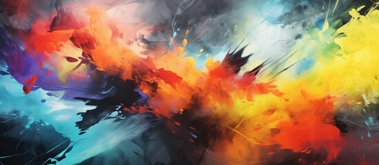 Canvas Print - Vibrant hues of paint splattered in various shapes and sizes against a dark black canvas, creating a dynamic and expressive artwork