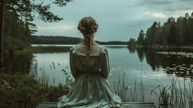 a woman adorned in a pastel-green traditional dress amidst the tranquility of a lakeside setting