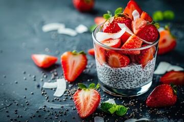 Sticker - Overnight chia pudding with strawberries coconut and tropical fruit on dark background Raw vegetarian dessert