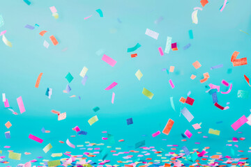 Wall Mural - Colored confetti flying in the blue sky. Are small pieces or streamers of paper, mylar, or metallic material which are thrown at parades and celebrations.