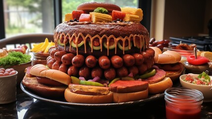 Wall Mural - BBQ grill cake with fondant burgers and hot dogs.