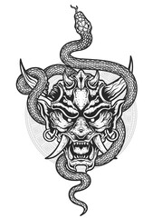 Wall Mural - Illustration vector hannya mask, Japanese demon oni mask with snake.