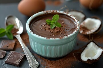 Canvas Print - Paleo style pot de creme with dark chocolate eggs and coconut milk