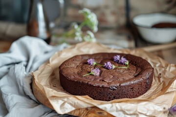 Poster - Rustic homemade chocolate cake on parchment paper