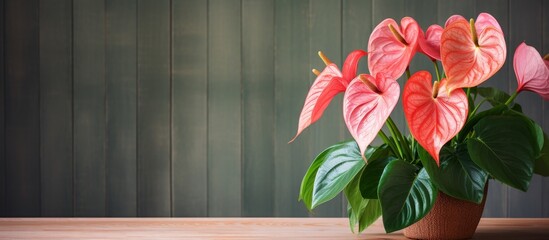 Wall Mural - Pink flowers bloom beautifully on a green potted plant placed on a rustic wooden table in a cozy room