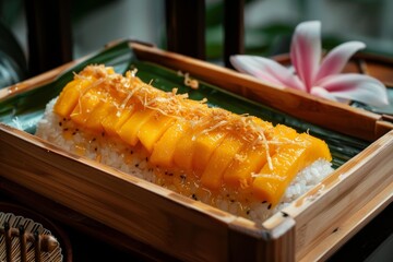 Sticker - Thai dessert served on a wooden tray Mango Sticky Rice