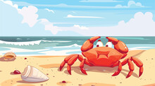Illustration Of A Crab With A Shell At The Seashore