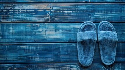 Top view cute blue slop sandals copy space on wood background. Generated AI image