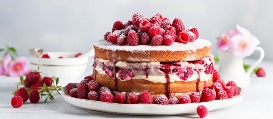 Canvas Print - A delicious dessert captured in close-up, showcasing a cake topped with fresh raspberries on a elegant plate