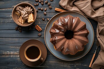 Wall Mural - Top view of homemade Bundt cake with chocolate icing and cup of hot coffee on dark wooden table