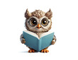 Smart and cute owl in glasses holding an open book. Concept of study, school and student.