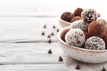 Poster - Vegan chocolate truffles on a white wooden background with copy space Made with cocoa coconut sesame and chia for healthy energy