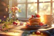 Delicious sweet pancakes with fruits and honey, cup of coffee, glass of juice, and vase with fresh flowers, sun morning breakfast, sunny morning breakfast, next to the window