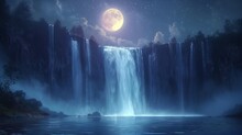 Full Moon Shining Over The Waterfall. 