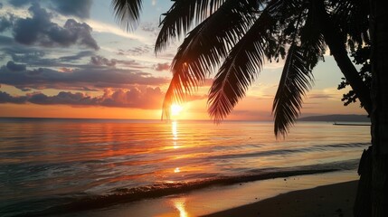 Wall Mural - Beautiful panoramic sunset at tropical beach evening scene. AI generated image