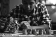 Focused individual saving money, sorting coins into a jar on a cluttered table