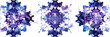 Indigo and violet kaleidoscope watercolor pattern on transparent background.