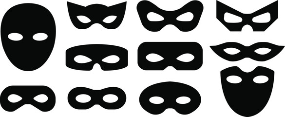 Mask superhero carnival villain or burglar vector icon set. Collection of Black outline flat masquerade costume eye mask silhouette hidden face. Incognito theatre party masque shape clip art.