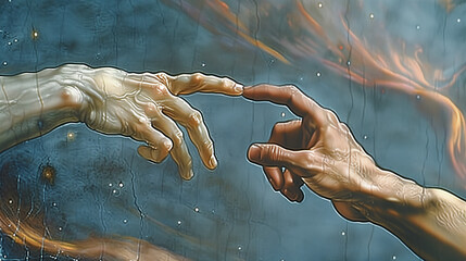 The painting depicts the moment when the hands of two people touch. AI.