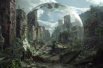 A dystopian urban landscape enclosed in a globe of transparent 3D glass, with crumbling buildings, polluted skies, and overgrown vegetation reclaiming the streets.