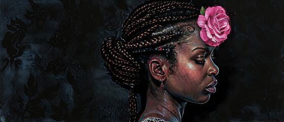 Wall Mural - a woman with braids and a flower in her hair, with a black background and a pink rose in her hair