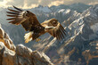 A majestic eagle in flight, wings outstretched against the dramatic backdrop of rugged snowy mountain peaks under a brooding sky