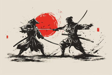 Abstract scene of two samurais duel on the sunset, japanese style hand drawn digital art illustration painting background