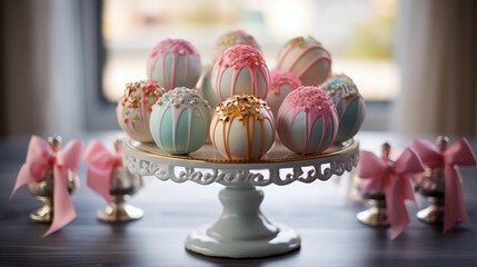 Wall Mural - Cake pops displayed on a cake stand with colorful ribbons.